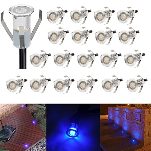 CHNXU 20er Set Mini Treppen Einbaustrahler Ø18mm 0.4W IP67 Wasserdichte 7LM Bodeneinbaustrahler LED Bodenstrahler Aussen und Innen Lampe mit 12V Netzteil für Garten Terrasse Treppen Beleuchtung Blau von CHNXU