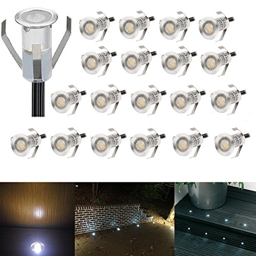 20er Set Mini Treppen Einbaustrahler Ø18mm 0.4W IP67 Wasserdichte 7LM Bodeneinbaustrahler LED Bodenstrahler Aussen und Innen Lampe mit 12V Netzteil für Garten Terrasse Treppen Beleuchtung Kühles Weiß von CHNXU