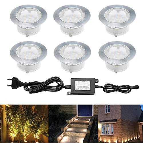 Treppen Bodeneinbaustrahler 6er Set, IP67 Wasserdicht Warmes Weiß Terrassen Einbaustrahler Ø60mm Aussen LED Bodeneinbauleuchten, DC 12V 1.5W LED Einbaustrahler für Küche Garten Treppen Balkon Terrasse von CHNXU