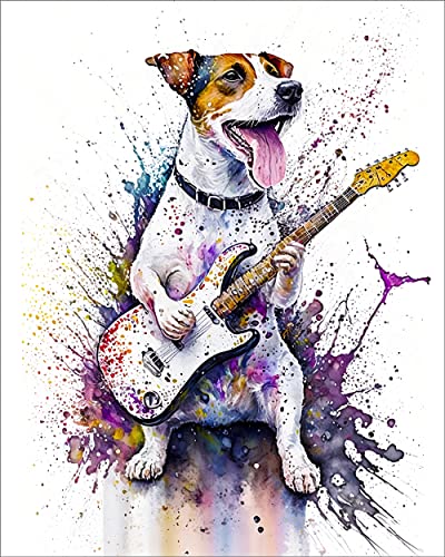 7Dots Art. Lustige Hunde mit Musikinstrumenten, Aquarell-Serie. Aquarell-Kunstdruck, Schlafzimmer, Kinderzimmer usw. Wandkunst-Dekoration. Ungerahmt (Jack Russel Terrier) von 7Dots Art