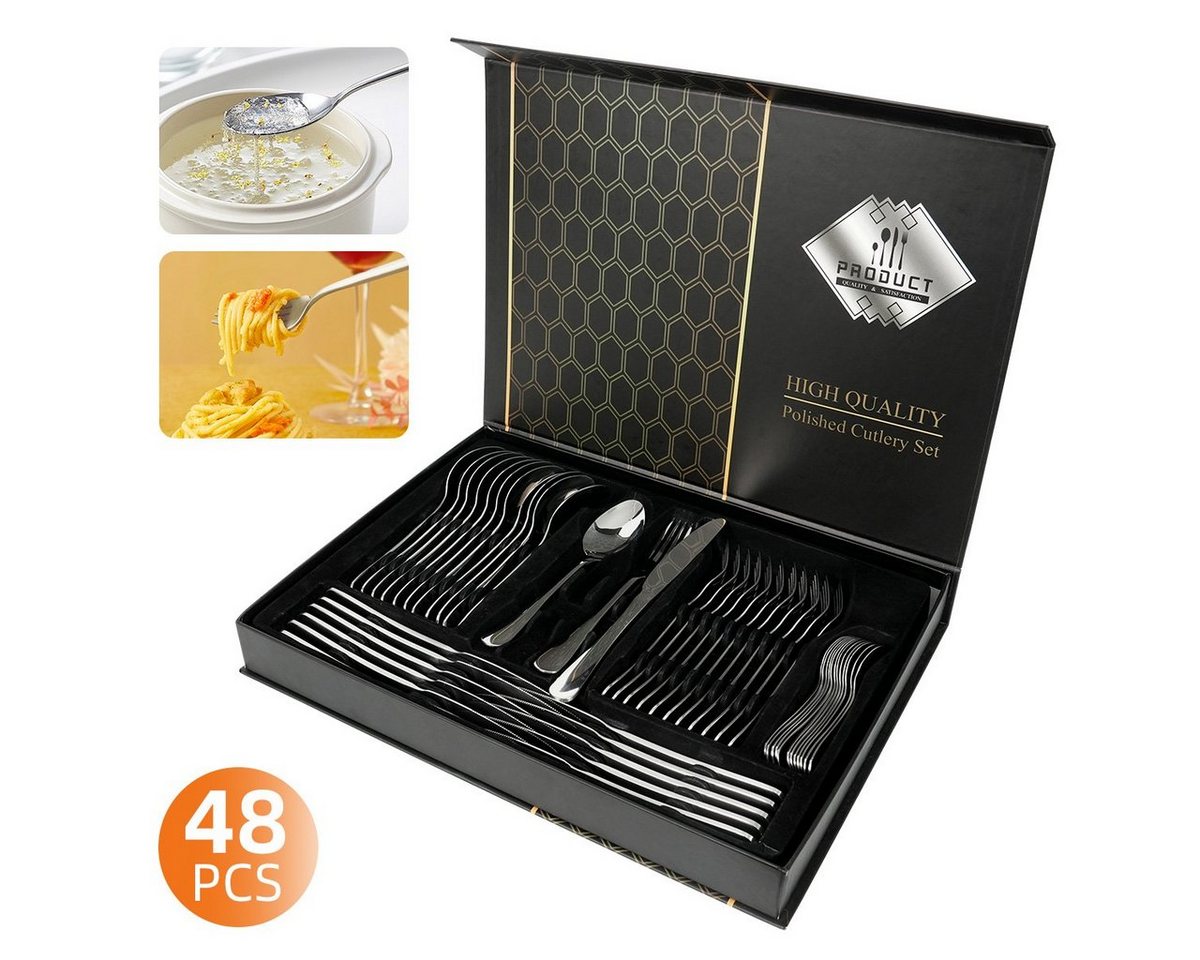 MULISOFT Besteck-Set (48-tlg), 12 Personen, 18/10 Edelstahl, 48 teilig Spiegelpolierte Silber Besteckset, Mit Geschenkbox von MULISOFT