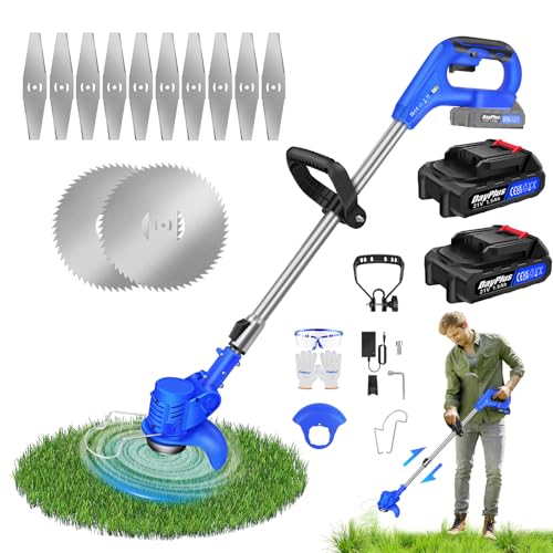 21V Rasentrimmer Mit Akku und Rasentrimmer Elektrisch mit 2 * 3.0AH Batterien, Rasentrimmer Elektrisch Teleslopstiel, mit 2 Arten Klingen, Mini Rasenmäher Motorsense 90° Drehkopf für Garten, Hof von 7Sevenjokers