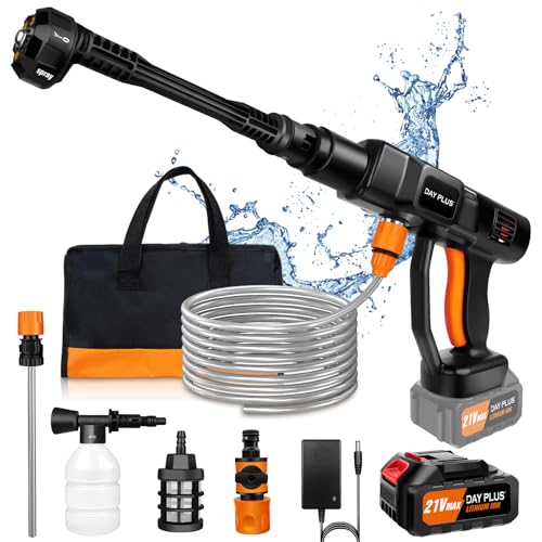 Akku Hochdruckreiniger, 21V 45 Bar/652 PSI Akku-Waschanlage, tragbarer Hochdruckreiniger mit 3.0Ah Akku, 6-in-1 verstellbare Düse, 5 Meter Schlauch, Auto/Boden/Gartenreinigung und Bewässerungsfunktion von 7Sevenjokers