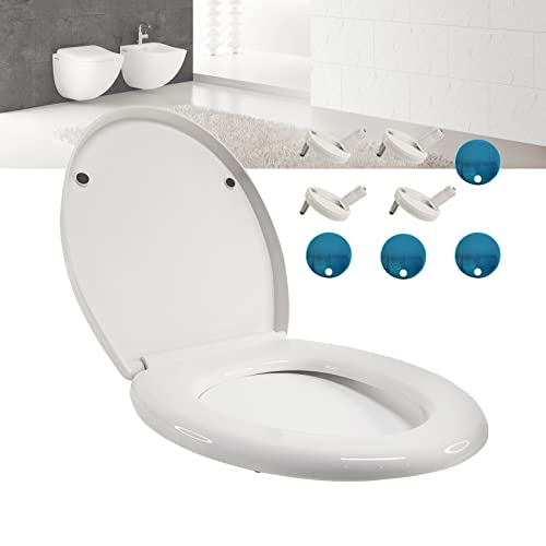 WC Deckel mit Absenkautomatik, Klobrille WC Sitz O-Form, Antibakteriell Klodeckel Toilettenbrille mit einstellbares Edelstahl-Scharnieren, O Form Weiß Toilettensitz abnehmbar für einfach Reinigung von 7Sevenjokers