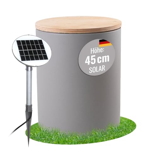 8 seasons design Beistelltisch Garten Solar 45 cm, Shining Drum (grau), LED warmweiß, Dämmerungssensor – wetterfest – für außen, inkl. Holz-Deckel – Pflanzentopf, Getränkekühler von 8 seasons