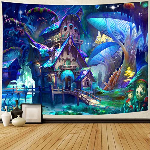 803 Wandteppich Fantasy Trippy Mushroom Fairytale Magical House Verzaubert Strandtuch Weiches Waschbar Trippy Tapestry, Für Wohnzimmer, Party Dekor, 150x200cm von 803