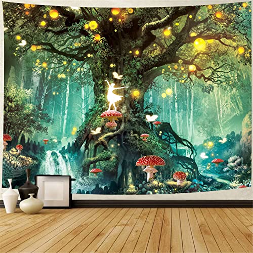 803 Wandteppich Magischer Baum Verzauberte Bunte Pilz Schmetterlings Märchen Elfen Strandtuch Waschbar Wanddekoration Trippy Tapestry, Für Schlafzimmer, Wohnzimmer, 150x200cm von 803