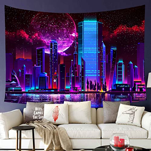 Wandteppich Neon City Future Punk Urban Night Fantasy Galaxy Moon Technology Cities Wand Teppich Kunst Waschbar Tapisserie Für Schlafzimmer, Für Wandkunst, Wohnheim, 100x150cm von 803