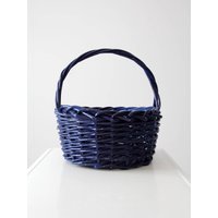 Vintage Henkelkorb, Großer Blauer Bugholzkorb von 86home