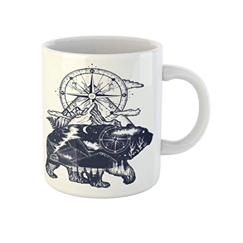 Teetasse Bär Doppelbelichtung Berge Kompass Tattoo Grizzly Silhouette Tourismus Lustig Teetassen Modern Tassendruck 330Ml Für Kollegin,Frauen,Muttertag von 874