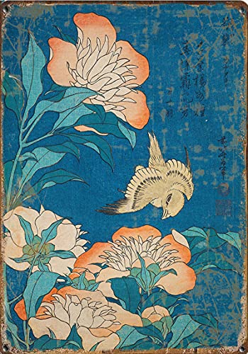Metallschild Katsushika Hokusai Print, Pfingstrosen Und Kanarienvogel, Ukiyoe Japanese Print, Hokusai Art Print Print Eisenmalerei Nostalgie Blechschild Vintage Lustiges Aluminium 20x30 cm von 883
