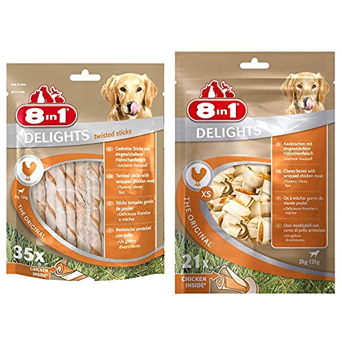 8in1 Delights Chicken Twisted Sticks - gesunde Kaustangen für Hunde, 35 Stück & Delights Chicken Knochen XS - gesunde Kauknochen für mini Hunde, 21 Stück von 8in1