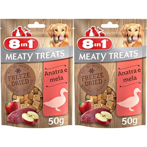 8in1 Meaty Treats, gefriergetrocknete Hunde Leckerlis mit Ente & Apfel, getreidefrei und ohne Zucker, 50 g Beutel (Packung mit 2) von 8in1