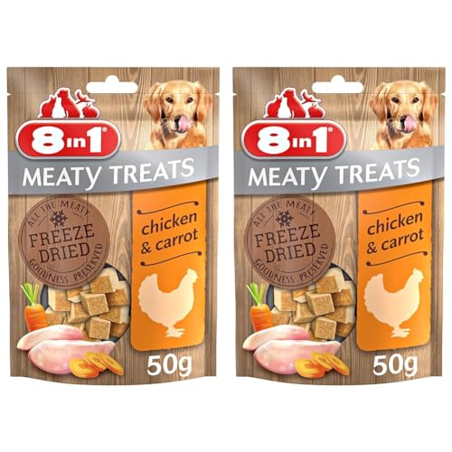 8in1 Meaty Treats, gefriergetrocknete Hunde Leckerlis mit Huhn & Karotte, getreidefrei und ohne Zucker, 50 g Beutel (Packung mit 2) von 8in1