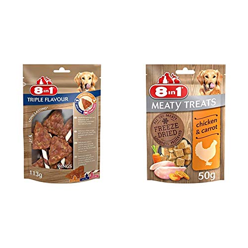 8in1 Triple Flavour Wings Kausnack 6 Stück umwickelt mit Hähnchenfilet, 1-er Pack (113 g) & Meaty Treats, gefriergetrocknete Hunde Leckerlis mit Huhn & Karotte, getreidefrei und ohne Zucker von 8in1