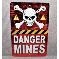 Blechschild Mines Landminenfeld Militär Krieg Gefahr Warnung Armee Sprengstoff Totenkopf Us-Mann Höhlengarage Aluminium 20x30cm von 923graphics