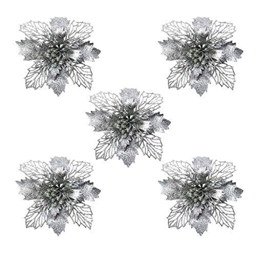 95sCloud 5 Stück Glitter Künstliche Blumen Baum Kränze Ornament Weihnachtsbaumschmuck Weihnachten künstliche Blume Weihnachten Weihnachtsbaum Kranz Garland Ornament Party (Silber) von 95sCloud