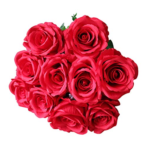 95sCloud Künstliche Hortensie Blumen,kunstblumen Unechte Deko Blumen Künstliche Rosen Seidenrosen Plastik 10 Köpfe Braut Hochzeitsblumenstrauß für Haus Garten Party Blumenschmuck (Rot) von 95sCloud