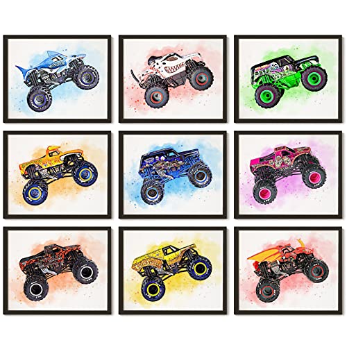 97 Decor Monstertruck-Raumdekoration für Jungen – Autos, Monstertrucks, Schlafzimmer-Dekorationen, Kinder-Auto-Wandkunstdrucke, Cartoon-Fahrzeug-Bilder für Kinderspielzimmer (20,3 x 25,4 cm, von 97 Decor