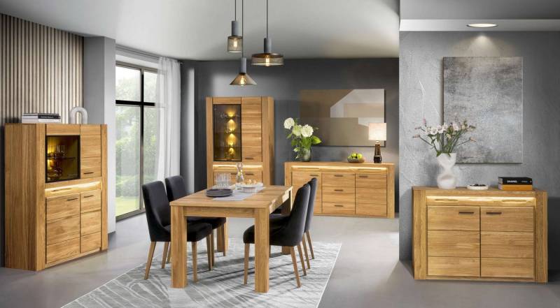 99rooms Essgruppe Vittorio, (Set (3-St), Esszimmerset), Modern Design, mit LED-Beleuchtung, Soft-Close, aus Massivholz von 99rooms