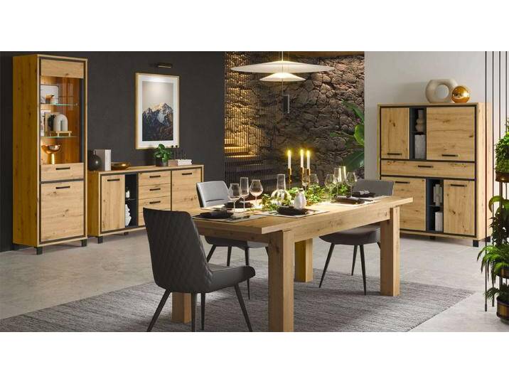 99rooms Esszimmer-Set Teo, (Esszimmer-Set (4×St), Komplett-Set), bestehend aus Vitrine, Kommode, Highboard, Tisch, schwarz von 99rooms