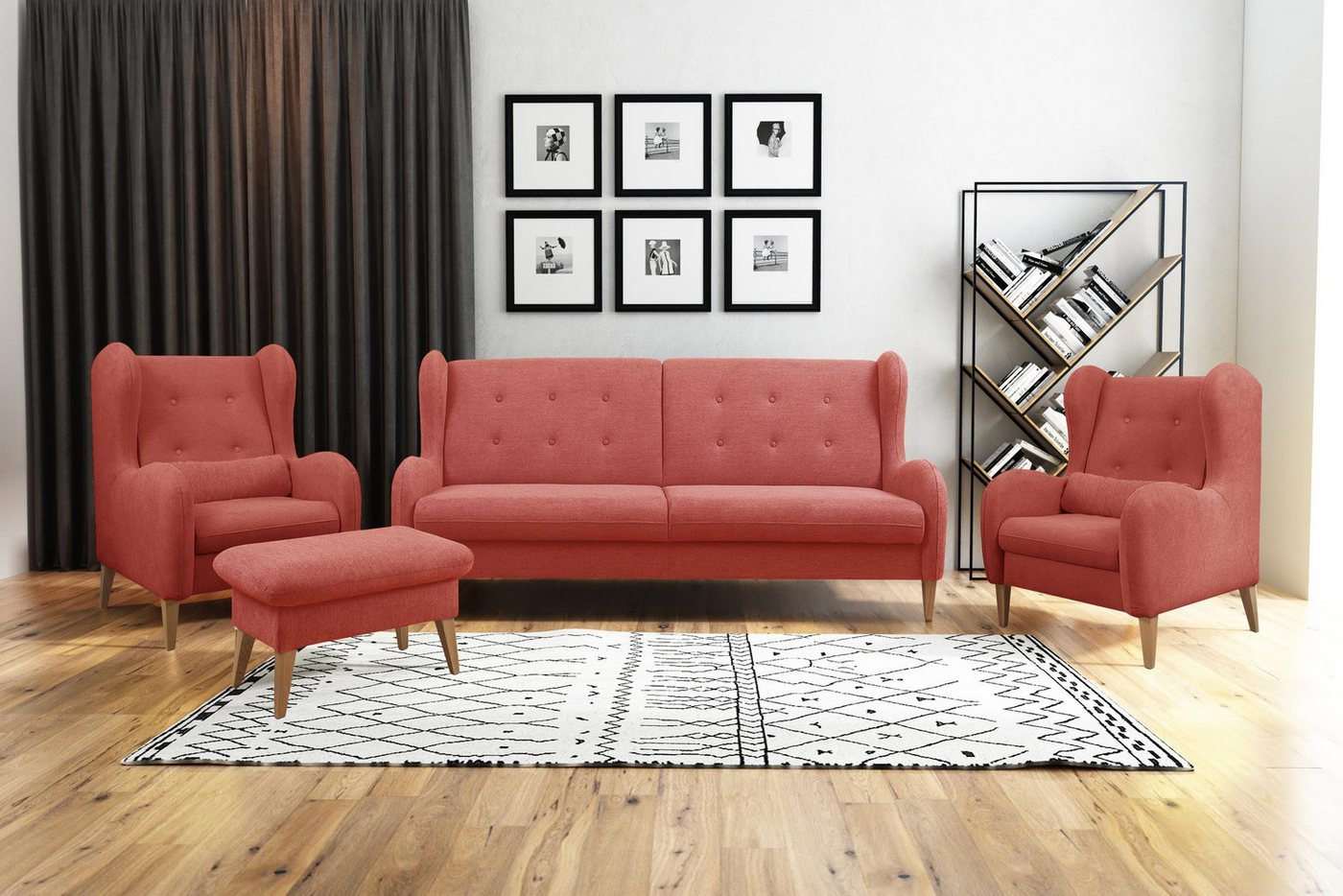 99rooms Polstergarnitur Canberra, (Couchgarnitur, Set (4-tlg), bestehend aus 1 × 2-Sitzer Sofa, 2 x Sessel, 1 x Hocker, Massivholz von 99rooms