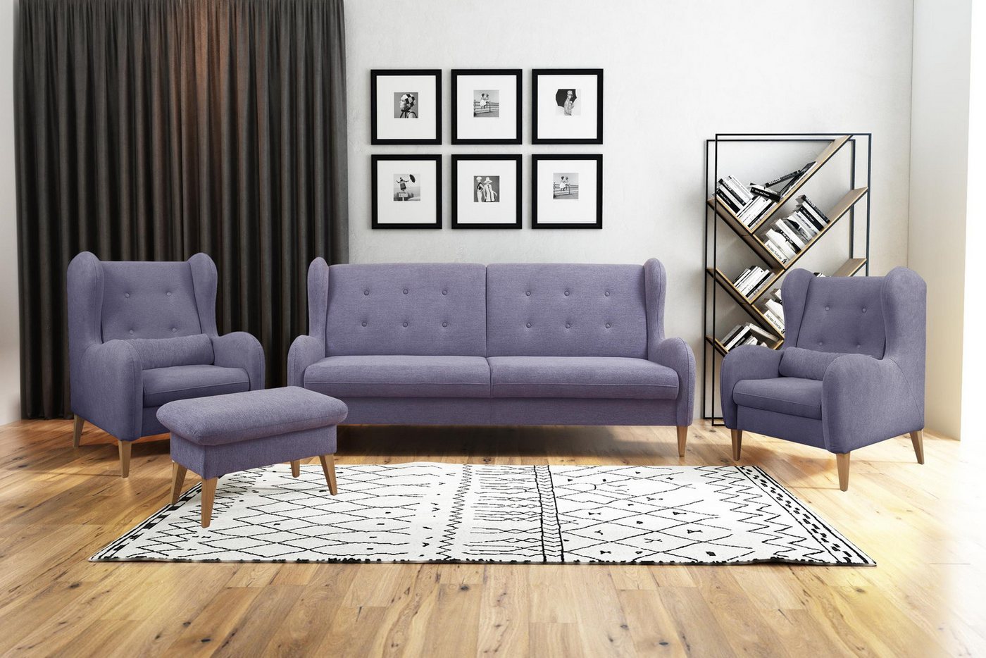 99rooms Polstergarnitur Canberra, (Couchgarnitur, Set (4-tlg), bestehend aus 1 × 2-Sitzer Sofa, 2 x Sessel, 1 x Hocker, Massivholz von 99rooms