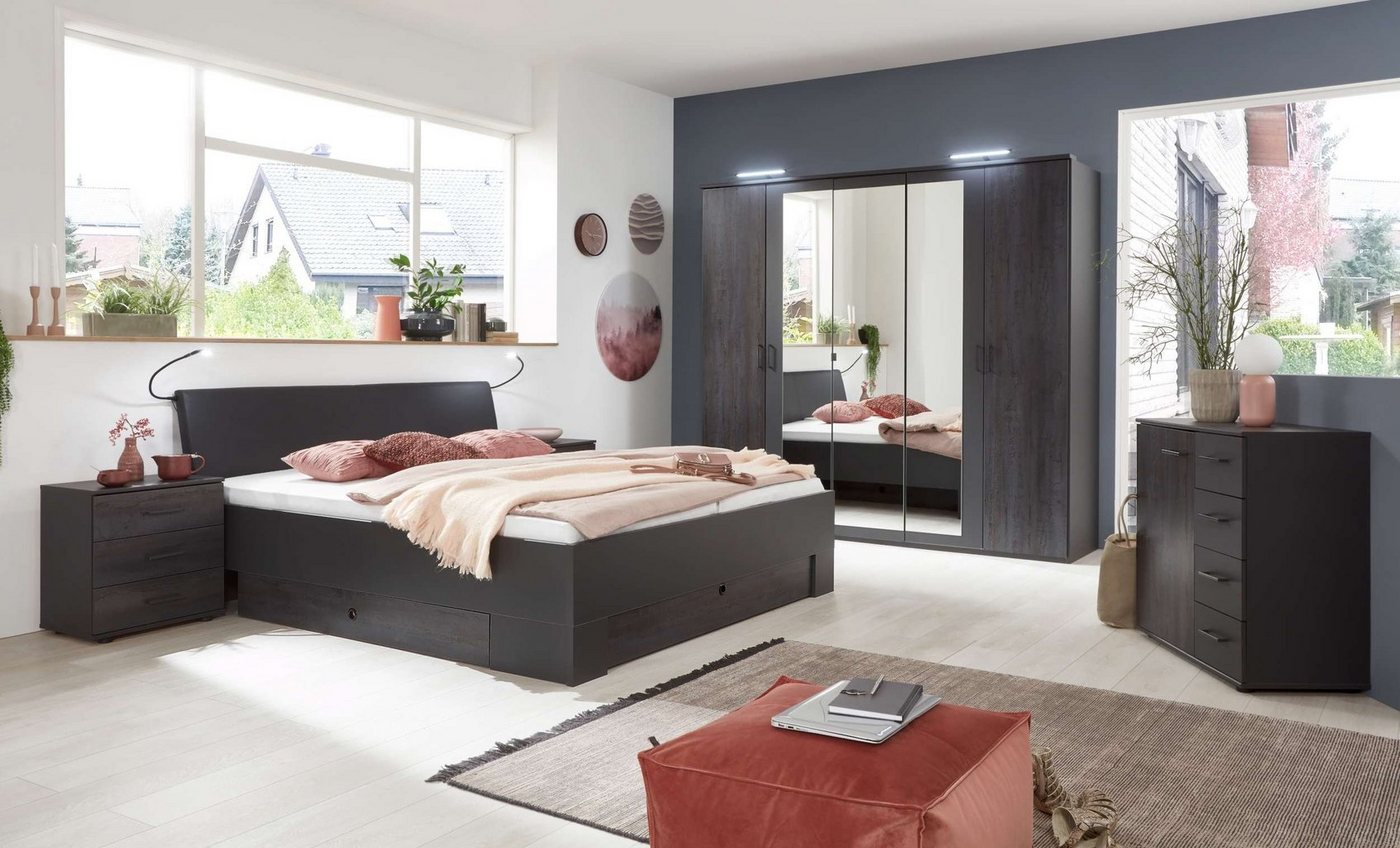 99rooms Schlafzimmer-Set Mailand II Digi Steel Optik Graphit, (Komplett Schlafzimmer, Set (5-St), 1xDrehtürenschrank, 2xNachttisch, 1xKommode und 1xDoppelbett, mit viel Stauraum, aus Holzwerkstoff, mit Bettkasten und Spiegel von 99rooms
