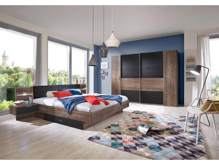 99rooms Schlafzimmer-Set Maria Schokolade Eiche Schwarz, (Komplett Schlafzimmer, Set (2-St), 1xSchwebetürenschrank und 1xDoppelbett, mit viel Stauraum, aus Holzwerkstoff, inkl.LED-Beleuchtung von 99rooms