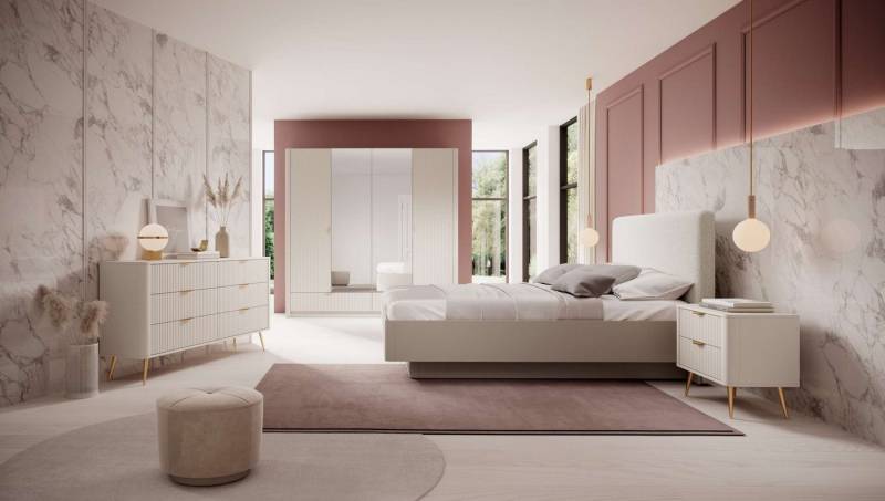 99rooms Schlafzimmer-Set Talan, (Set (5-St), Komplett Schlafzimmer), Modern Design, mit viel Stauraum, goldene Metallgriffe und Metallfüße von 99rooms