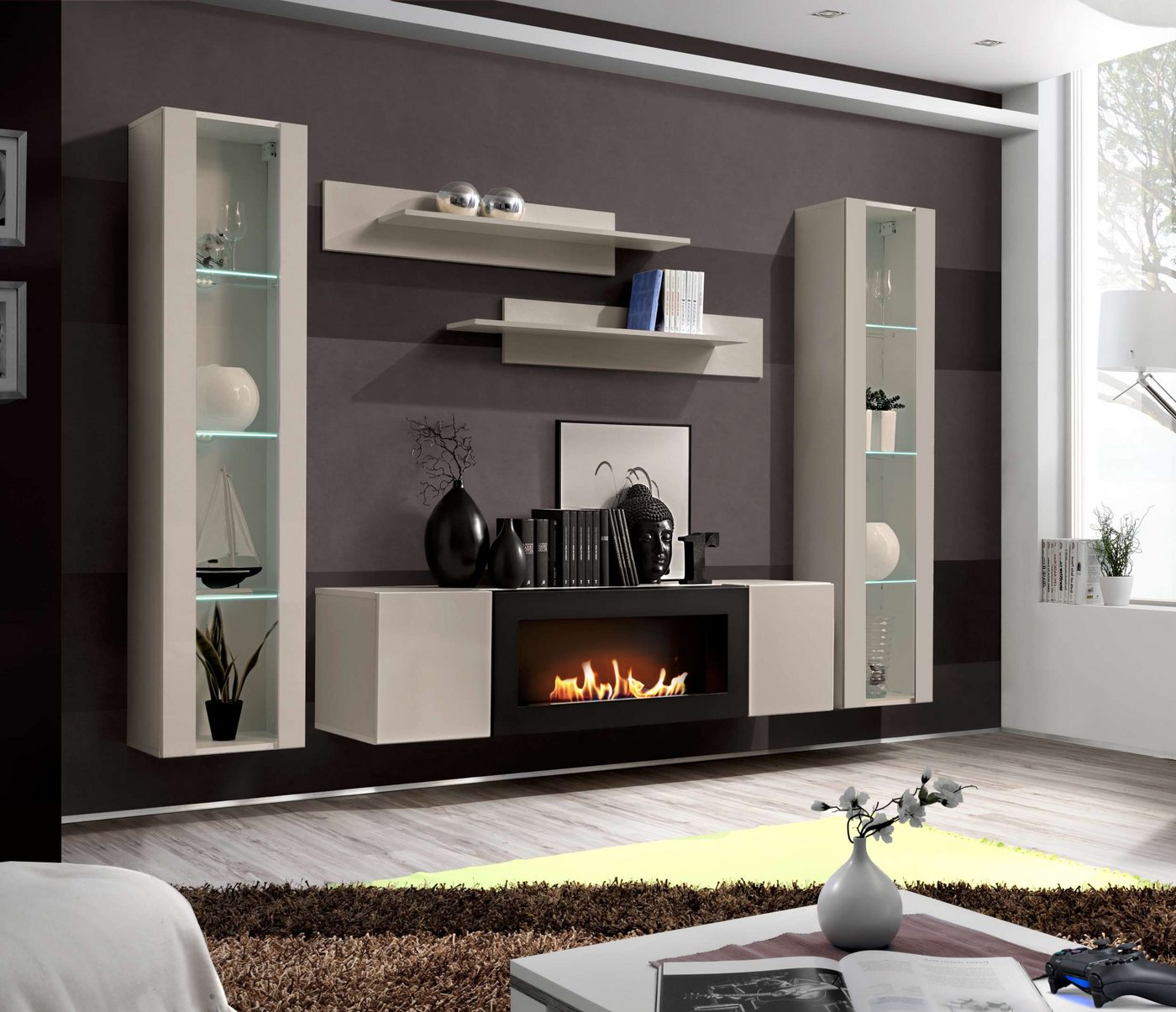 99rooms Wohnwand Fli M2, (Wohnzimmer-Set, Wohnmöbel), 2 x Hängevitrine mit LED, Lowboard mit Biokamin, 2 x Wandregal von 99rooms