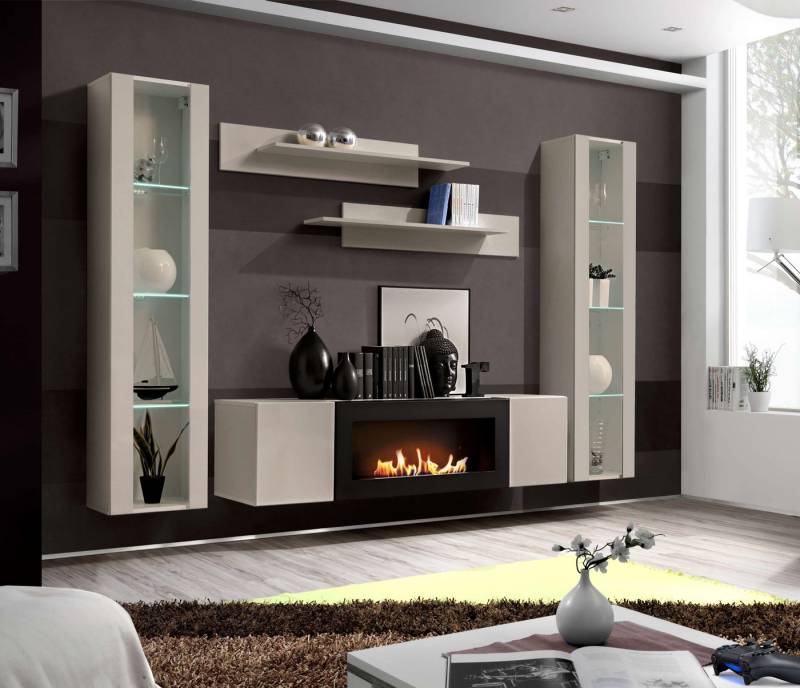 99rooms Wohnwand Fli M2, (Wohnzimmer-Set, Wohnmöbel), 2 x Hängevitrine mit LED, Lowboard mit Biokamin, 2 x Wandregal von 99rooms