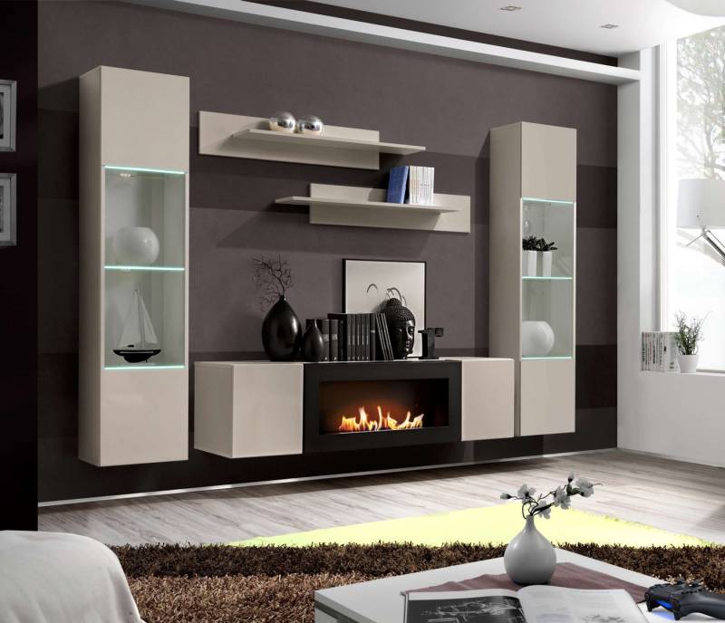 99rooms Wohnwand Fli M3, (Wohnzimmer-Set, Wohnmöbel), 2 x Hängevitrine mit LED, Lowboard mit Biokamin, 2 x Wandregal von 99rooms