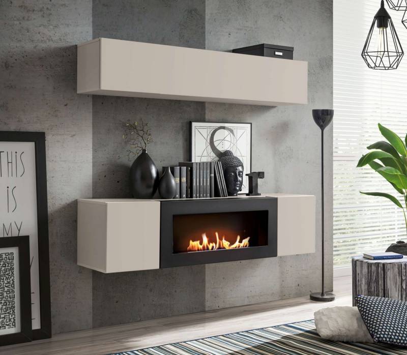 99rooms Wohnwand Fli N1, (Wohnzimmer-Set, Wohnmöbel), Hängeschrank und Lowboard mit Biokamin von 99rooms