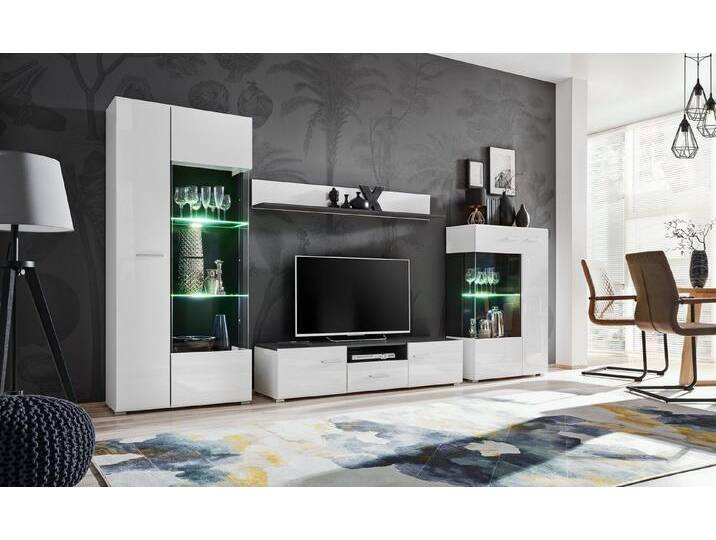 99rooms Wohnwand Irvine, (Wohnmöbel, Wohnzimmer-Set, Set (4-St), bestehend aus 2xStandvitrine, 1xLowboard, 1xWandboard, inkl. LED-Beleuchtung, mit Glaseinsatz,variabel stellbar und hängbar von 99rooms