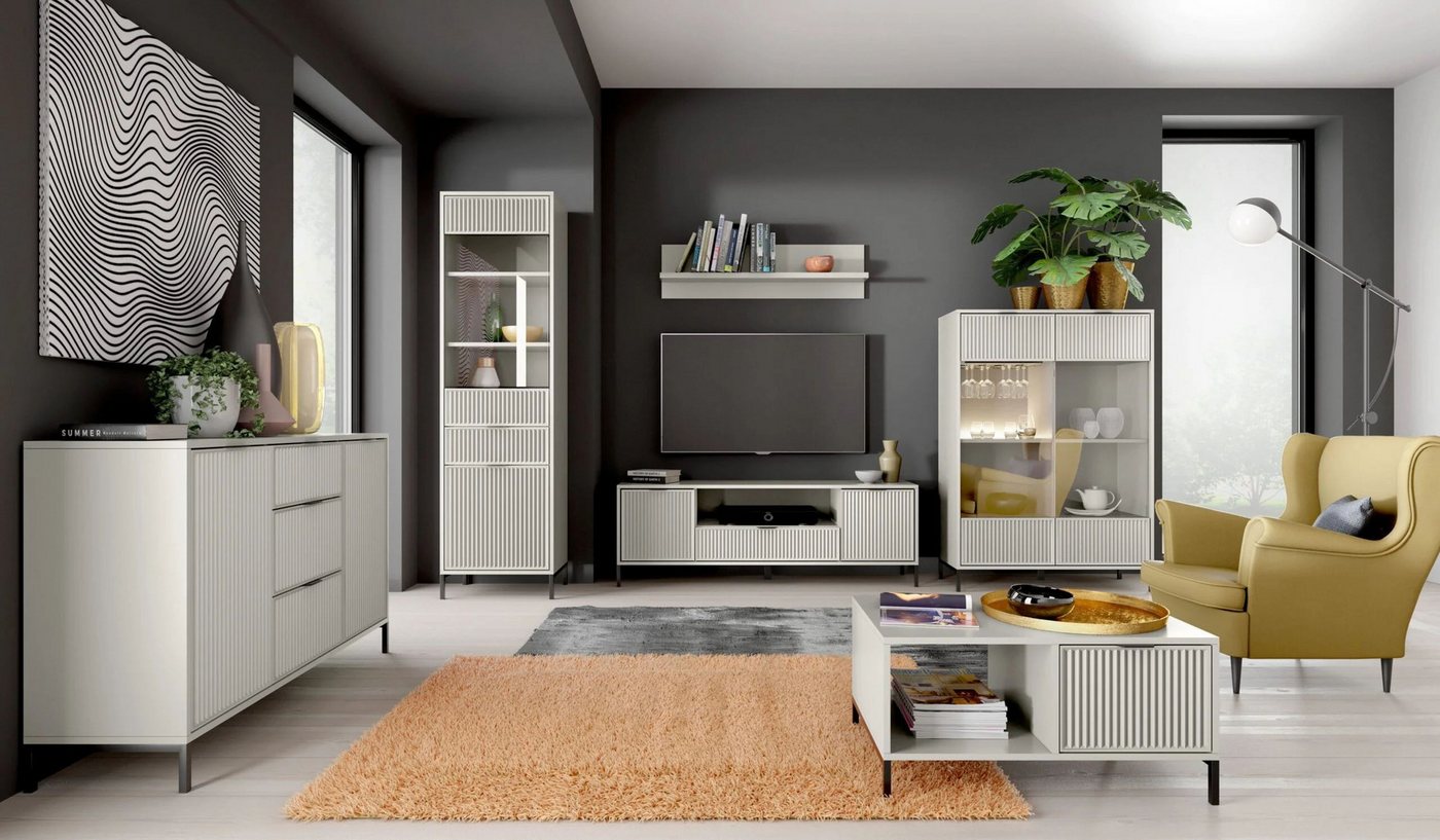 99rooms Wohnwand Klink, (Set (6-St), Wohnmöbel, Wohnzimmer-Set), Stilvolles Design, Soft-Close, geriffelte Elemente, LED-Beleuchtung von 99rooms