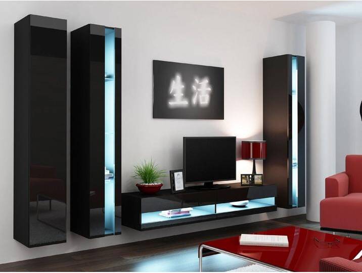 99rooms Wohnwand Vago N VI, (Set (4-St), Wohnmöbel, Wohnzimmer-Set), LED-Beleuchtung, schwarz, Schwarz/Schwarz Hochglanz von 99rooms