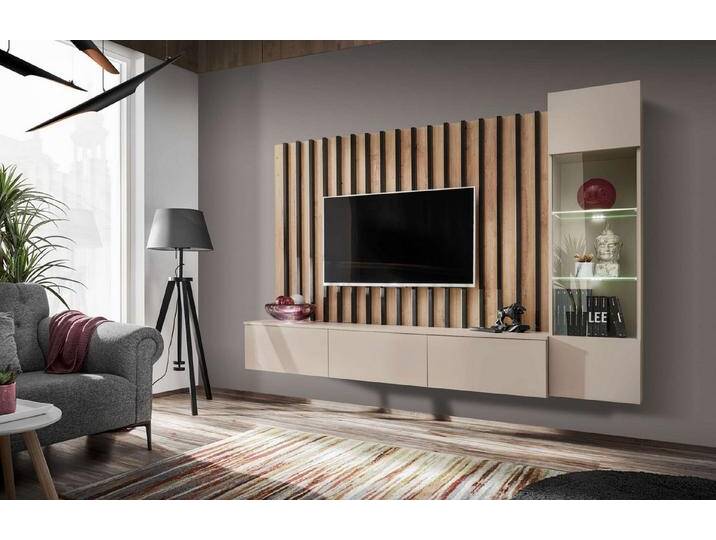 99rooms Wohnwand Vitore, (Wohnzimmer-Set, Wohnmöbel), TV-Lowboard, Vitrine, Paneel mit Lamellen, hängend, LED-Beleuchtung von 99rooms