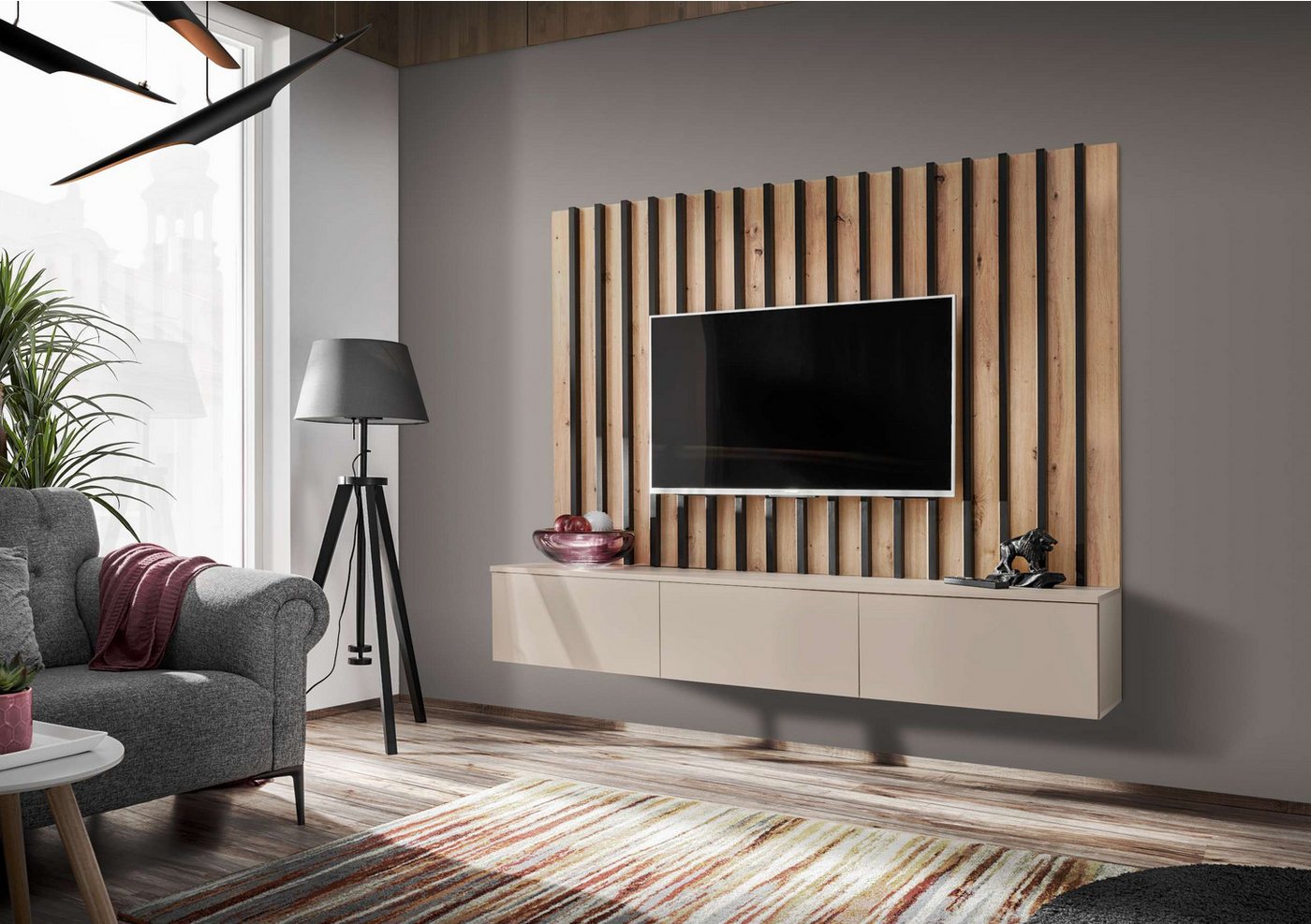 99rooms Wohnwand Vitore II, (Wohnzimmer-Set, Wohnmöbel), Wandpaneel mit furnierten Lamellen und TV-Lowboard, mit Push-to-Open von 99rooms
