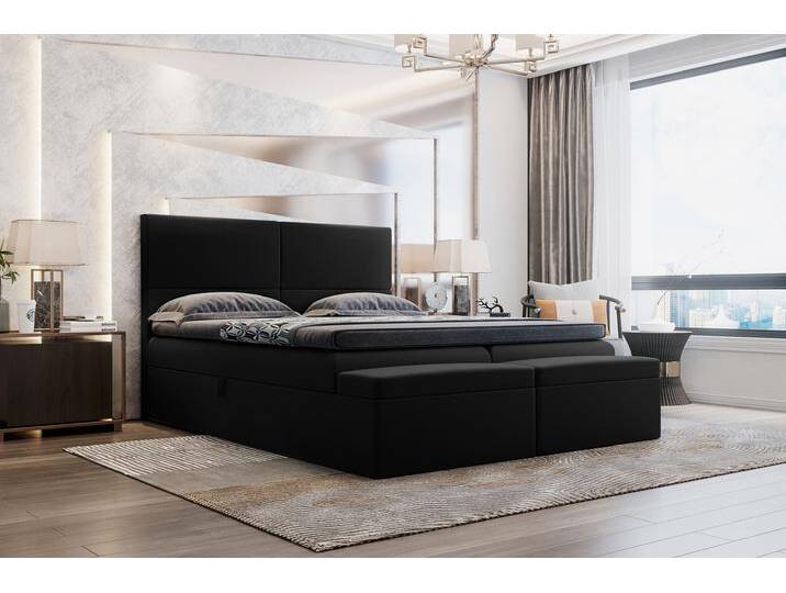 Bellino Boxspringbett Schwarz Kunstleder 140x200 cm Schaum Topper von 99rooms