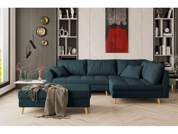 Bello Ecksofa mit Hocker Boucle-Stoff ABRIAMO Dunkelblau Rechts von 99rooms