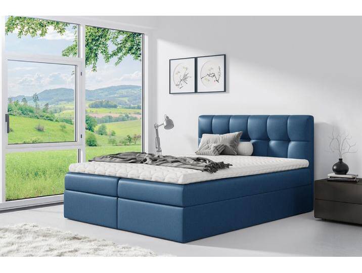 Bernard Boxspringbett Strukturstoff INARI 200x200 cm Dunkelblau von 99rooms