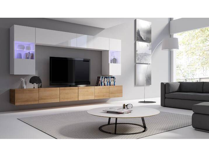 Bietula Wohnwand I Wotan Eiche Weiß Hochglanz mit LED-Beleuchtung von 99rooms