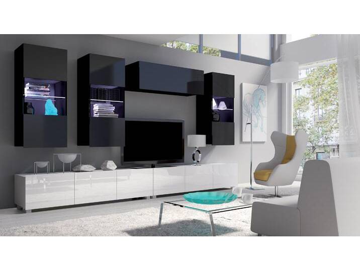 Bietula Wohnwand IV Weiß Hochglanz Schwarz Hochglanz mit LED-Beleuchtung von 99rooms