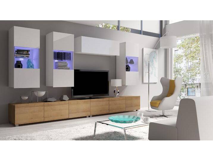 Bietula Wohnwand IV Weiß Hochglanz Wotan Eiche mit LED-Beleuchtung von 99rooms