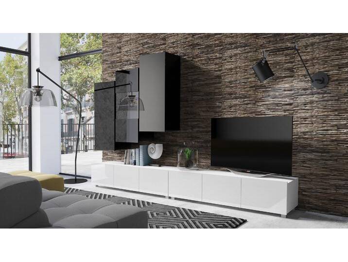 Bietula Wohnwand IX Weiß Hochglanz Schwarz Hochglanz mit LED-Beleuchtung von 99rooms