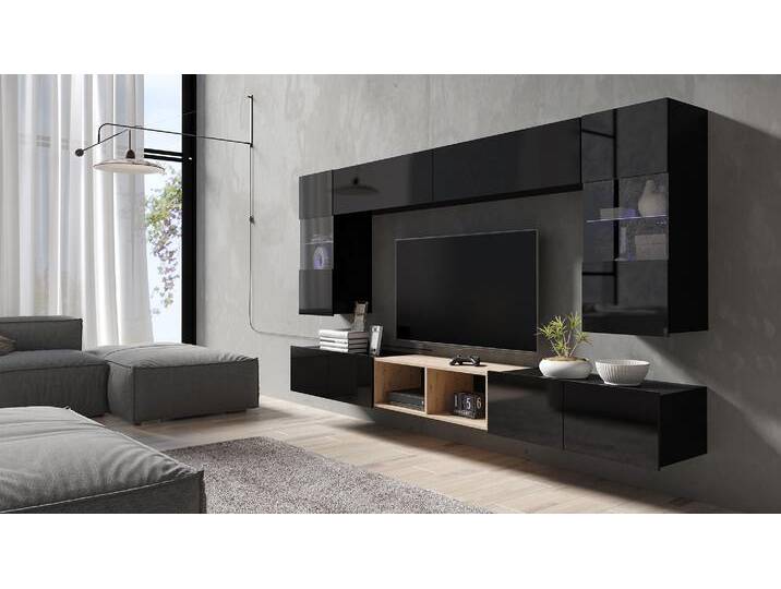 Bietula Wohnwand XI Schwarz Hochglanz Artisan Eiche Melamin ohne LED-Beleuchtung von 99rooms