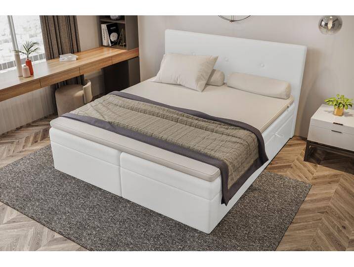 Largetti Boxspringbett Kunstleder 180x200 cm Schaum Topper 4 cm Weiß von 99rooms
