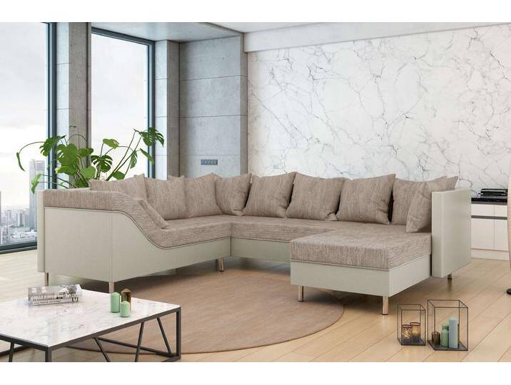 Lotos Wohnlandschaft Strukturstoff BERLIN Kunstleder MADRYT Hellbraun Beige Links von 99rooms