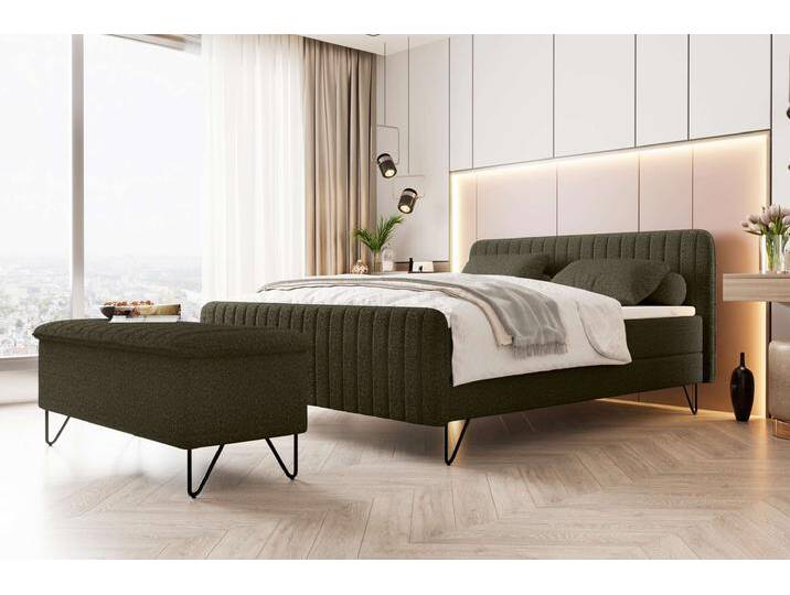Lucio Boxspringbett mit Hocker Boucle-Stoff ANTHOLOGY Wintermoos 160x200 cm von 99rooms